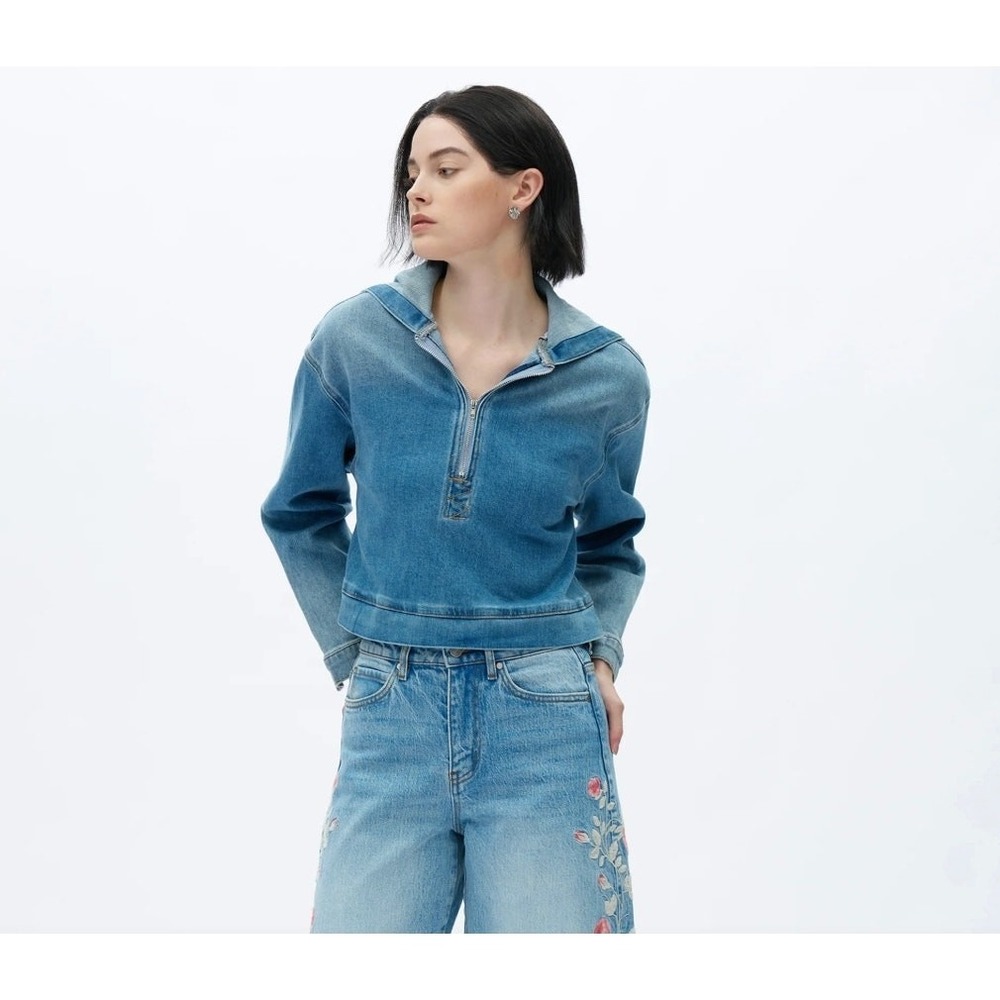 Bayeas‎ Cropped Hoodie Sweatshirt Womens Size Large Blue Denim Half Zip Pullover